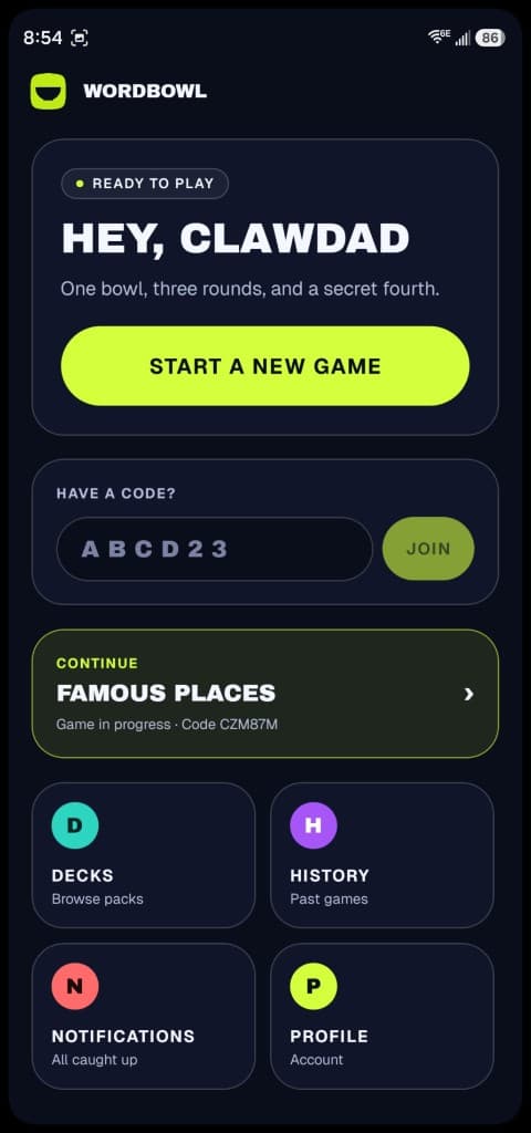 WordBowl app home screen with start game, join code, and continue options