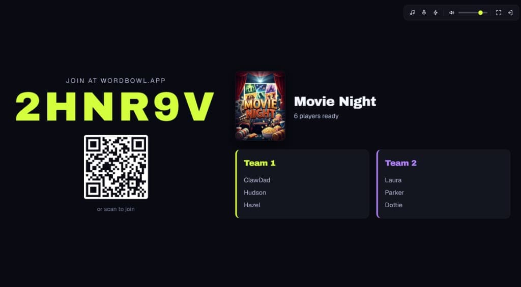 WordBowl TV lobby with a join code, QR code, and two teams ready to play